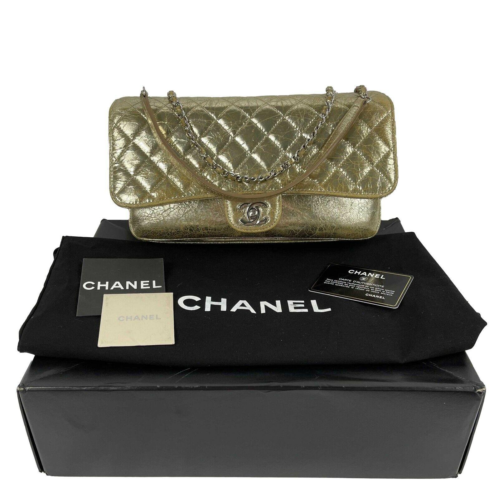 CHANEL Quilted Distressed Glazed Gold Leather Accordion Flap Shoulder Bag Medium 8