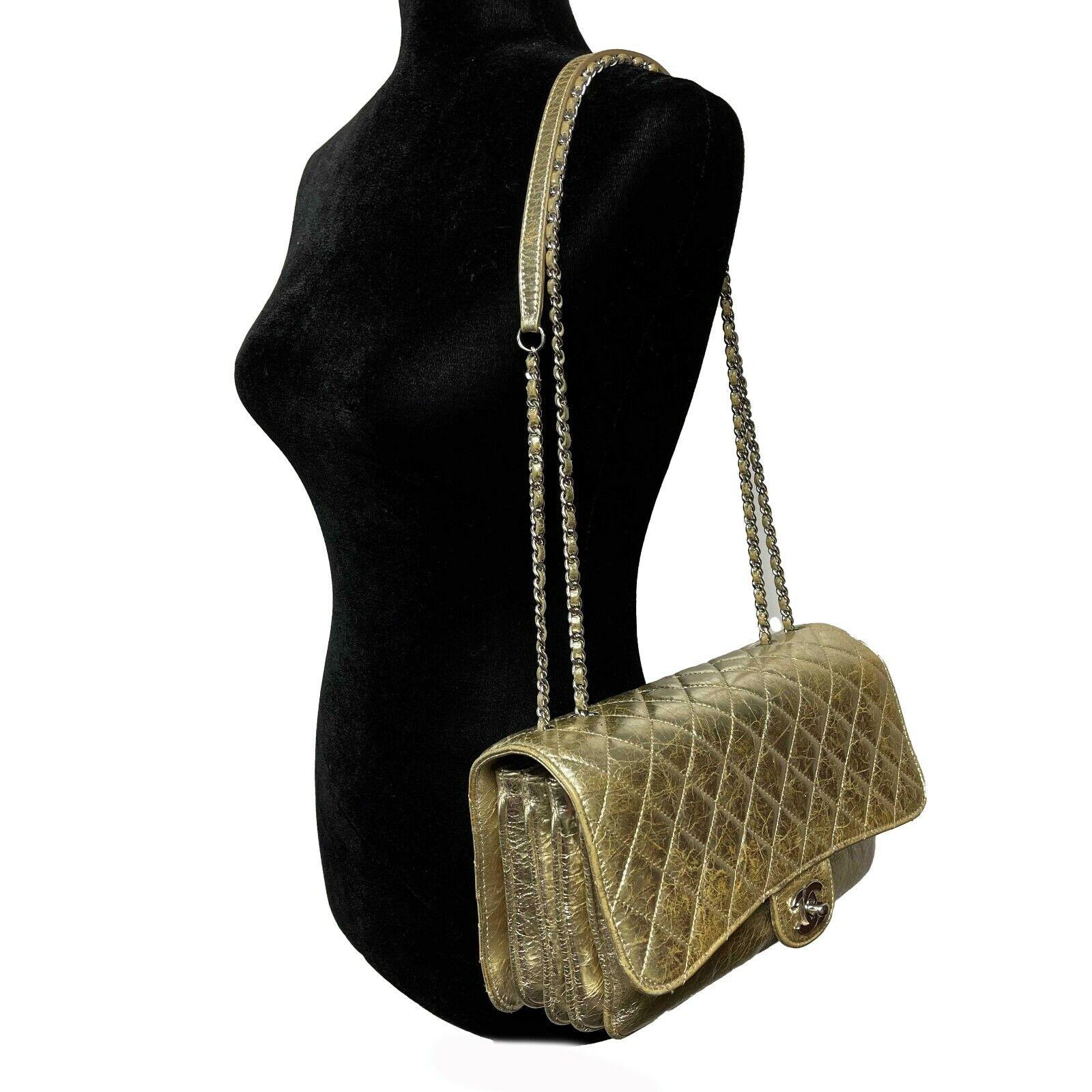 CHANEL Quilted Distressed Glazed Gold Leather Accordion Flap Shoulder Bag Medium 5