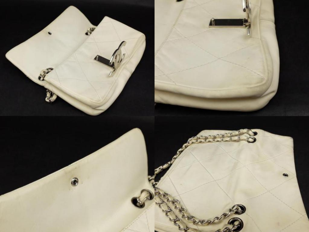 Chanel Quilted Extra Large Jumbo Logo Flap 231338 Ivory Leather Shoulder Bag In Good Condition For Sale In Forest Hills, NY