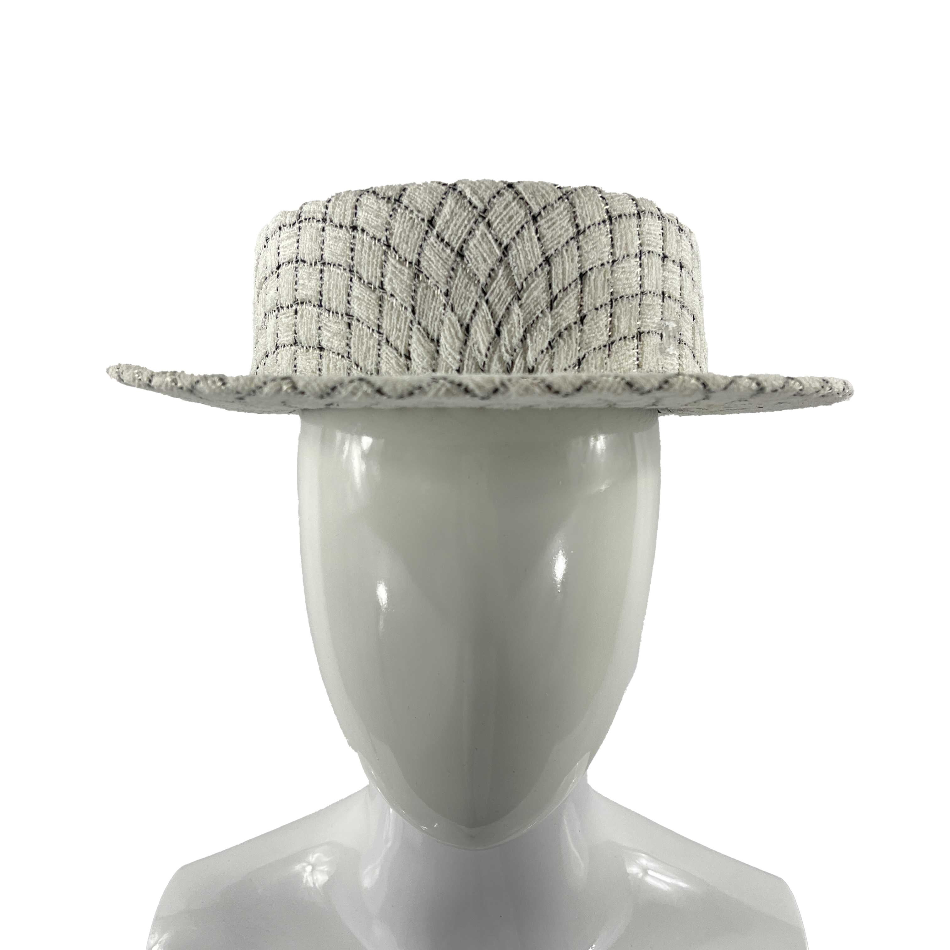 CHANEL Quilted Fantasy Tweed CC Boater Hat Black, White 3