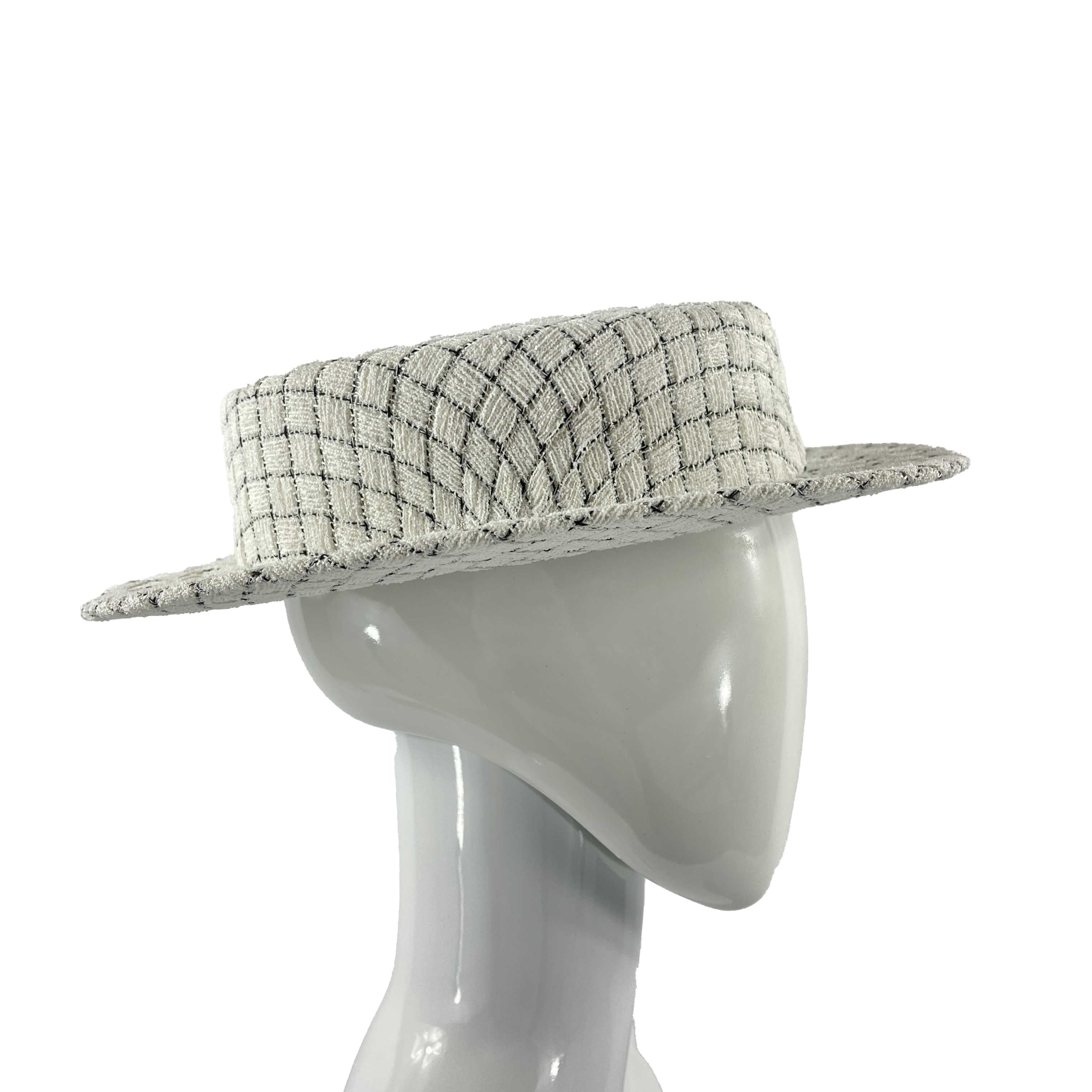 CHANEL Quilted Fantasy Tweed CC Boater Hat Black, White 4