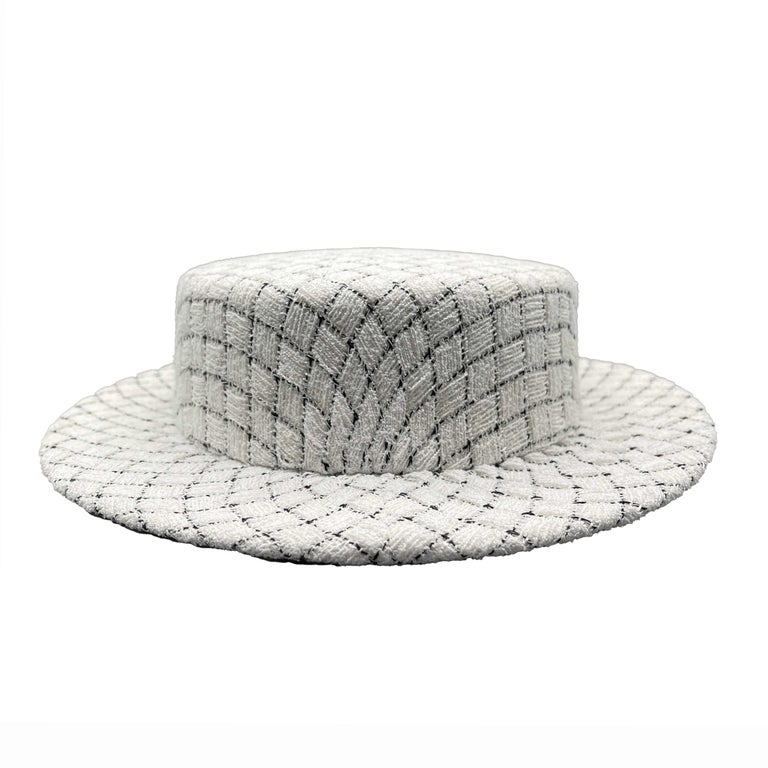 CHANEL Quilted Fantasy Tweed CC Boater Hat Black, White For Sale at 1stDibs