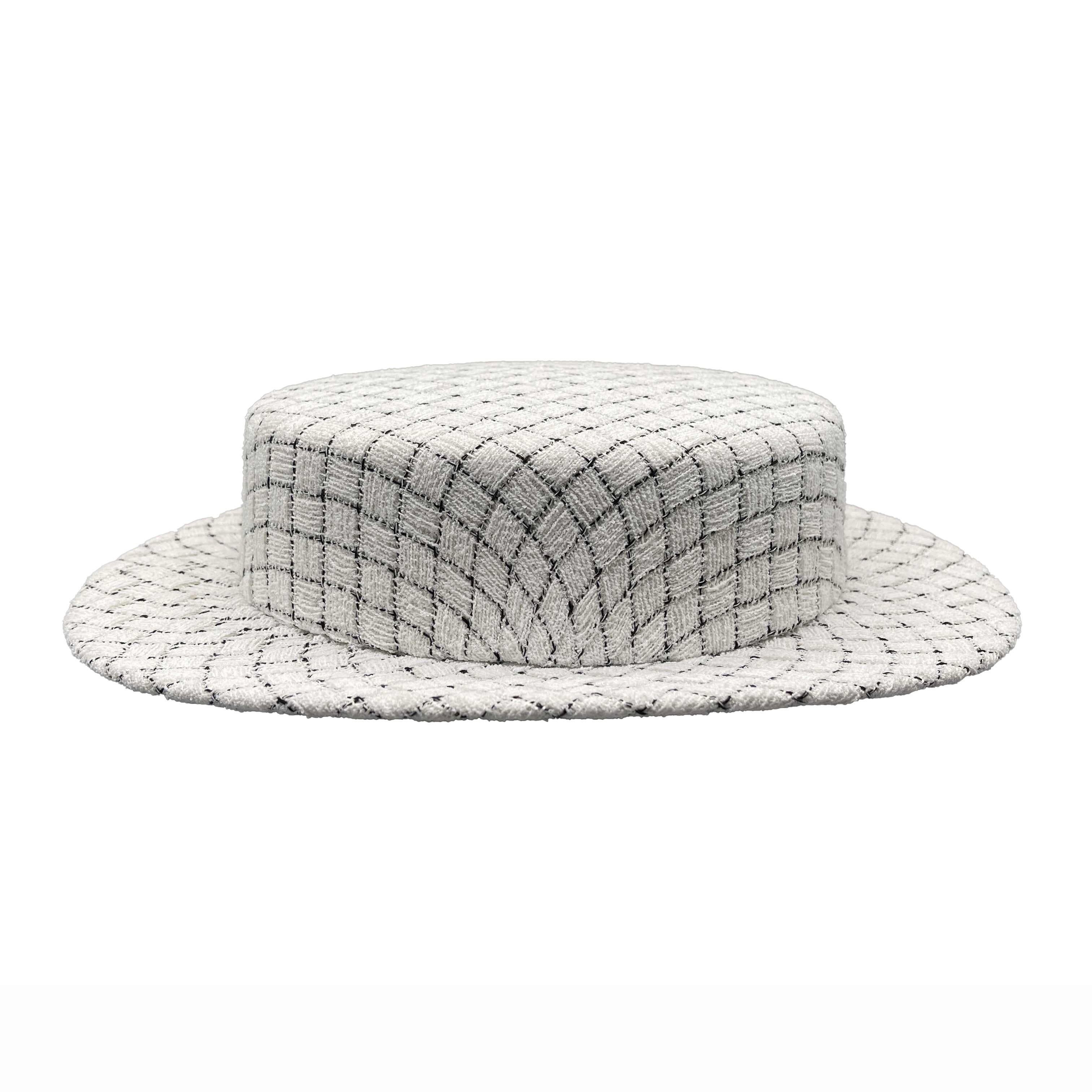 Gray CHANEL Quilted Fantasy Tweed CC Boater Hat Black, White