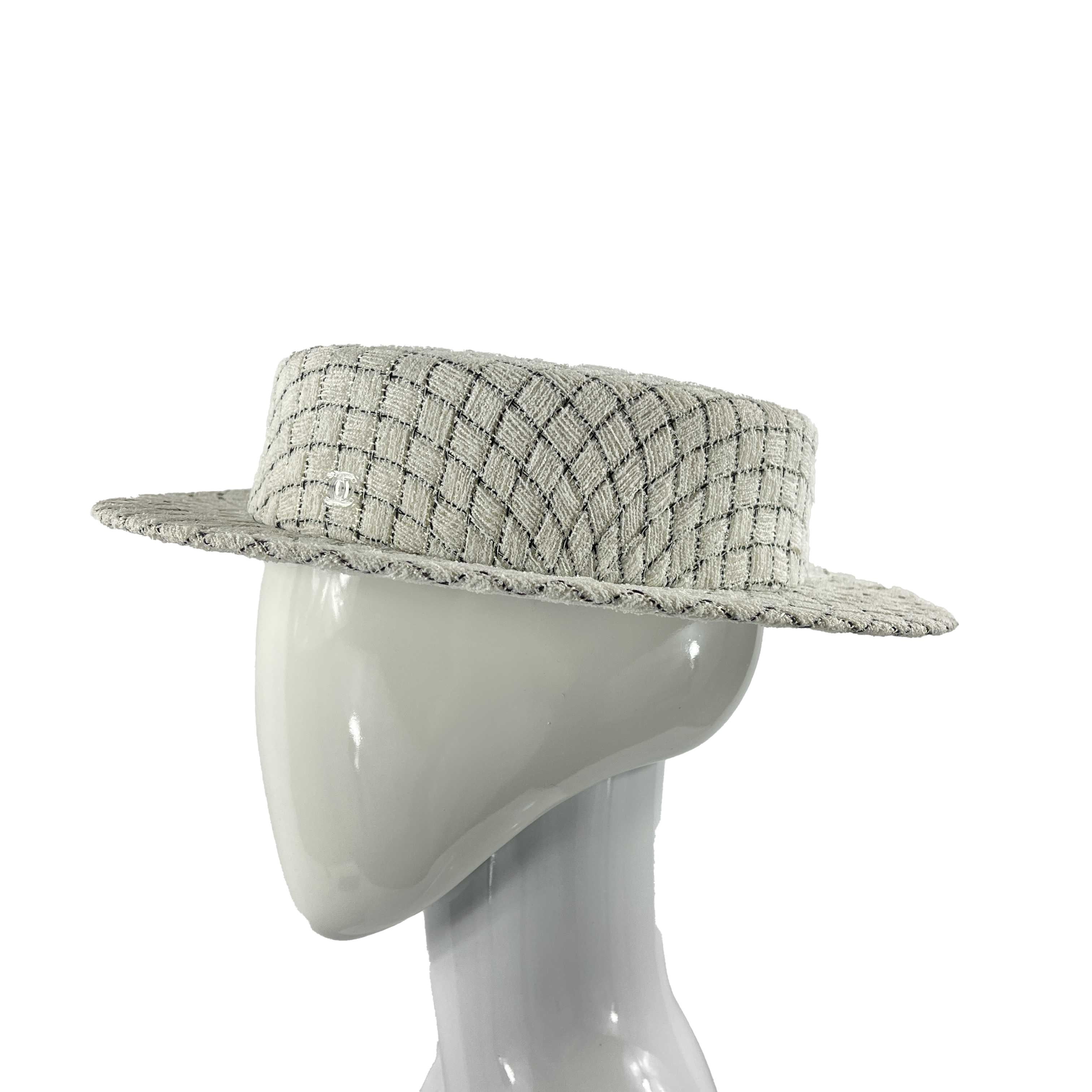CHANEL Quilted Fantasy Tweed CC Boater Hat Black, White In Excellent Condition In Sanford, FL
