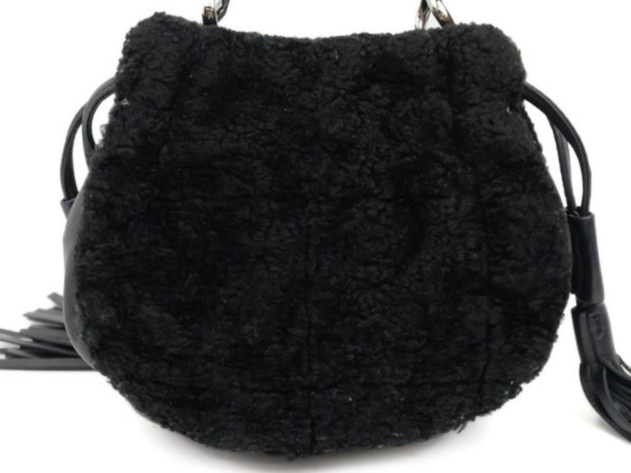 Chanel Quilted Fringe Ball 227132 Black Shearling Shoulder Bag In Excellent Condition For Sale In Forest Hills, NY
