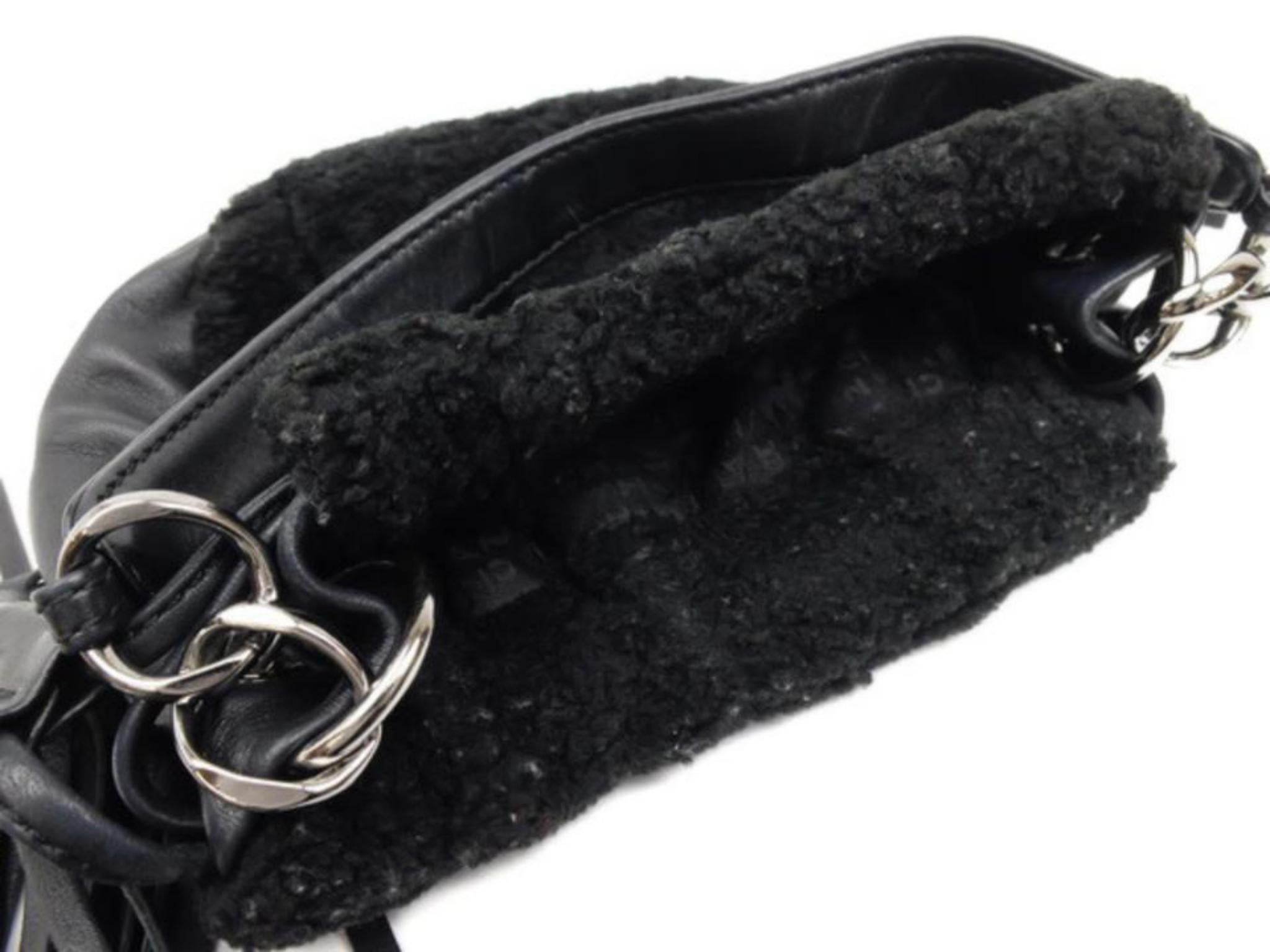 Chanel Quilted Fringe Ball 227132 Black Shearling Shoulder Bag For Sale 1