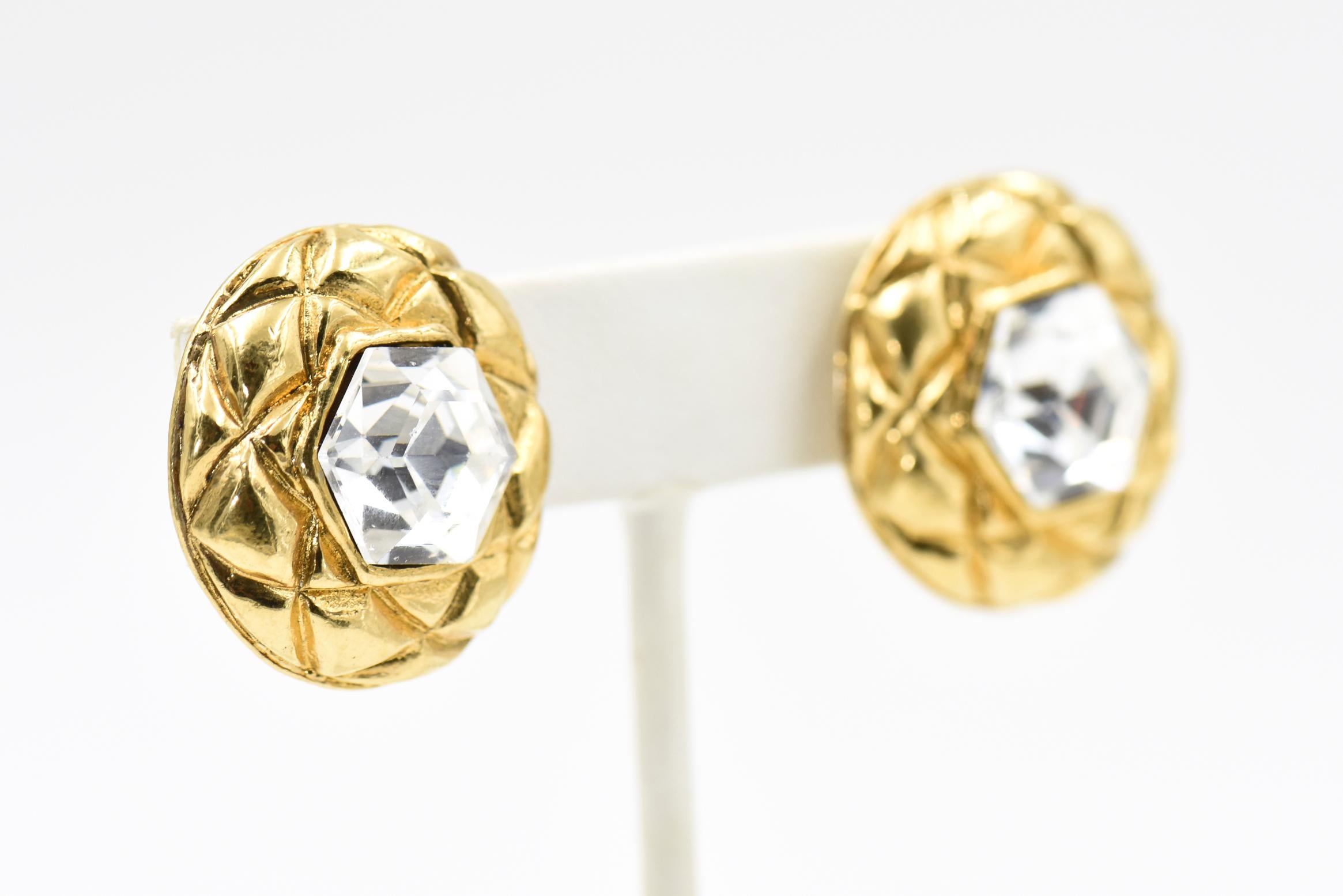 Women's Chanel Quilted Gold Crystal Clip Earrings 