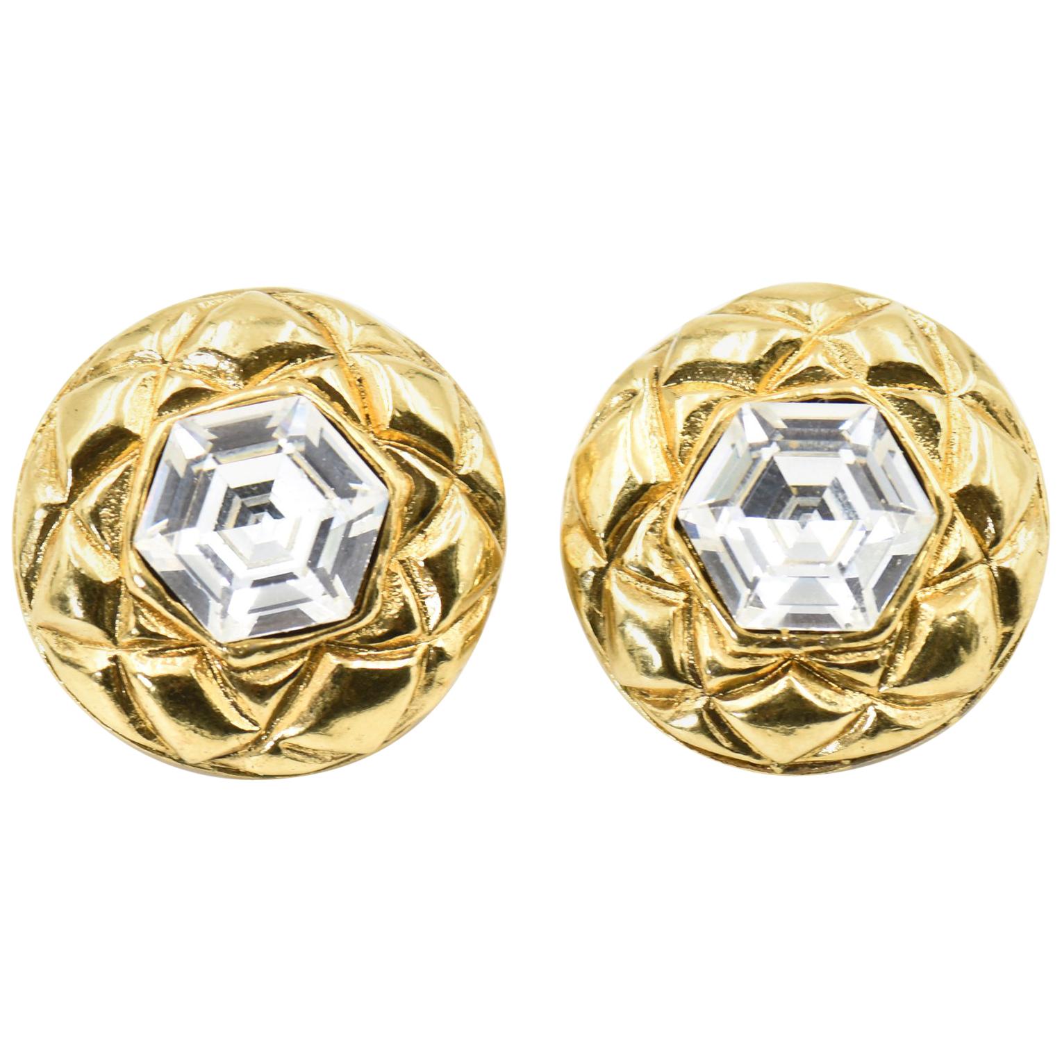 Chanel Quilted Gold Crystal Clip Earrings 