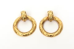 Vintage Chanel Quilted Gold Plated Door Knocker Clip On Earrings 80's