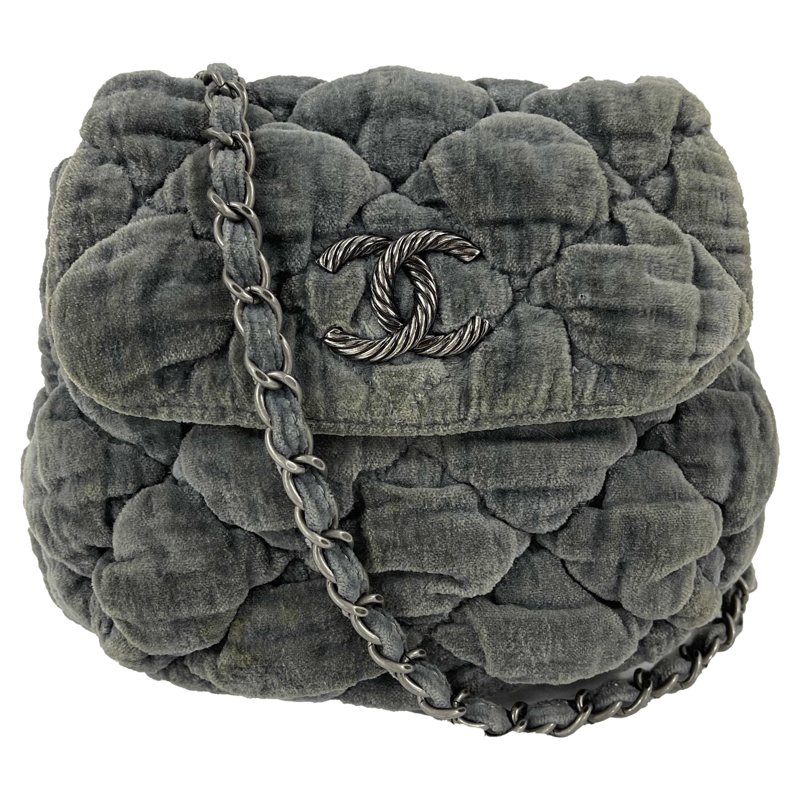 CHANEL Quilted Gray CC Velour Mini Flap Crossbody / Shoulder Bag