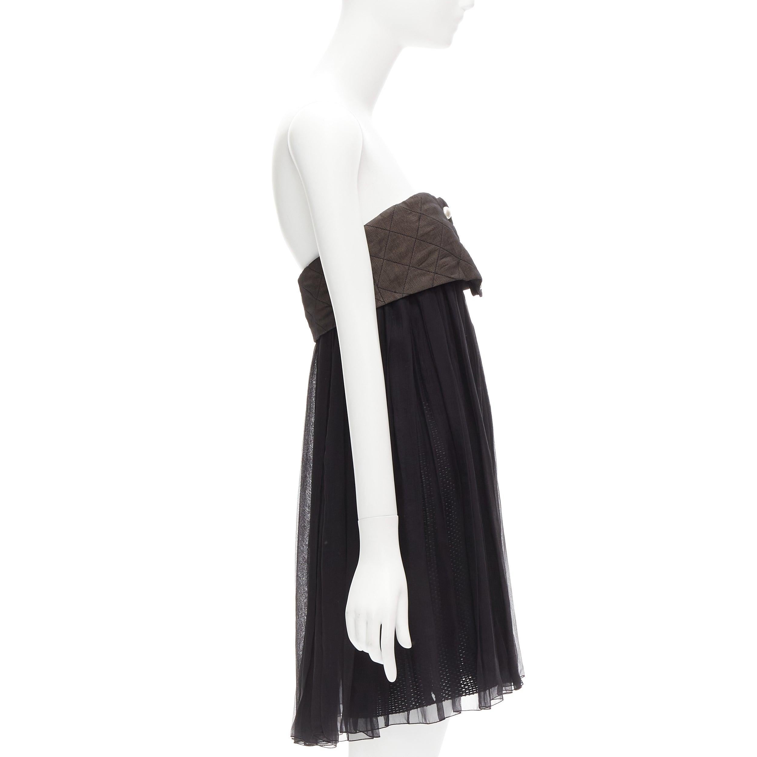 Black CHANEL quilted grey black CC pearl button silk tube mini dress FR38 M
