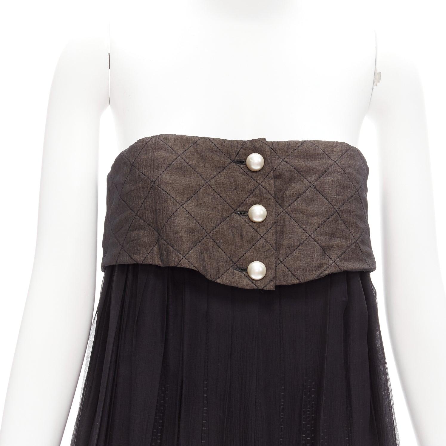 CHANEL quilted grey black CC pearl button silk tube mini dress FR38 M 1