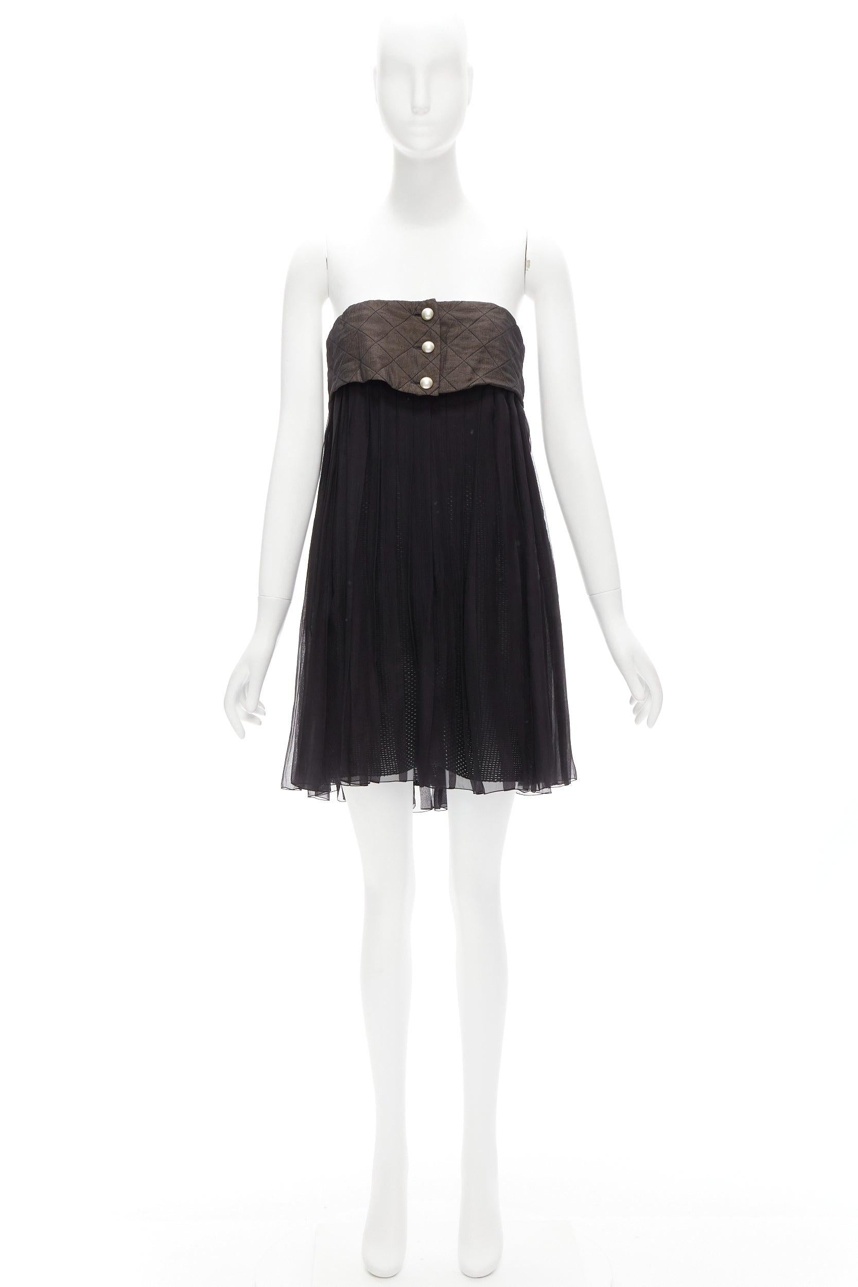 CHANEL quilted grey black CC pearl button silk tube mini dress FR38 M 4