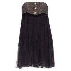 CHANEL quilted grey black CC pearl button silk tube mini dress FR38 M