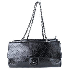 Chanel Quilted Kisslock Flap Tote 8cj017 Black X Silver Patent Leather Shoulder 