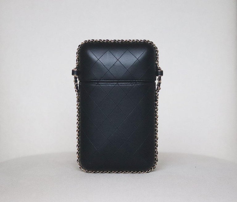 CHANEL Lambskin Enamel Quilted Top Handle Flap Phone Holder With Chain Black  1232282