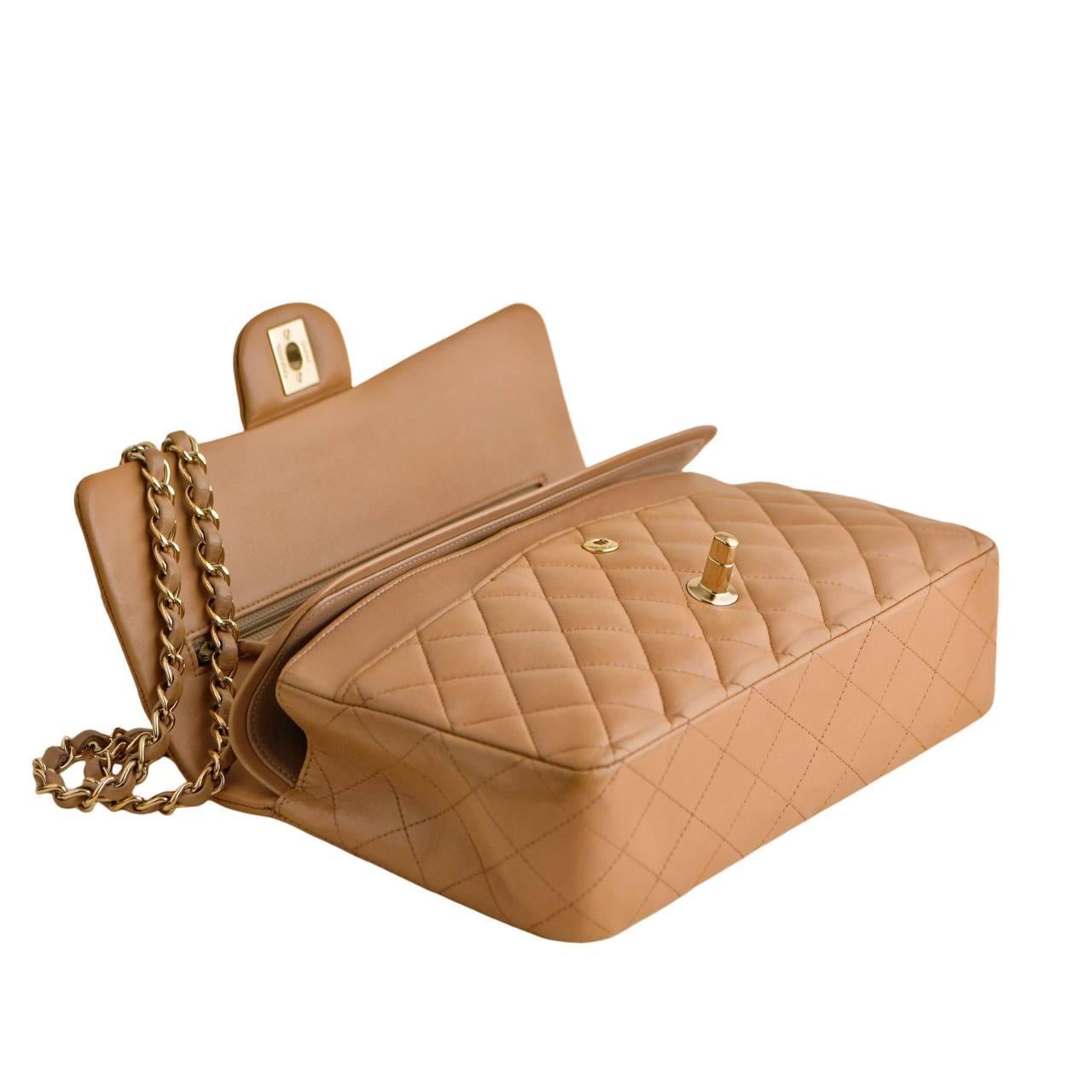 Women's Chanel Quilted Lambskin Dark Beige Classic Double Flap Medium Handbag For Sale