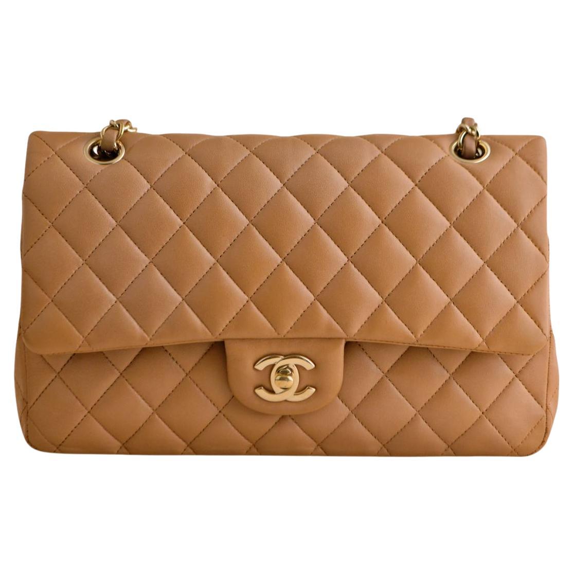 Chanel Quilted Lambskin Dark Beige Classic Double Flap Medium Handbag