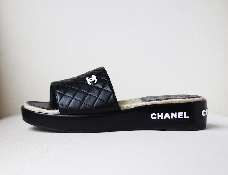 CHANEL Knit Braided Slide Sandals 38 Black 990432