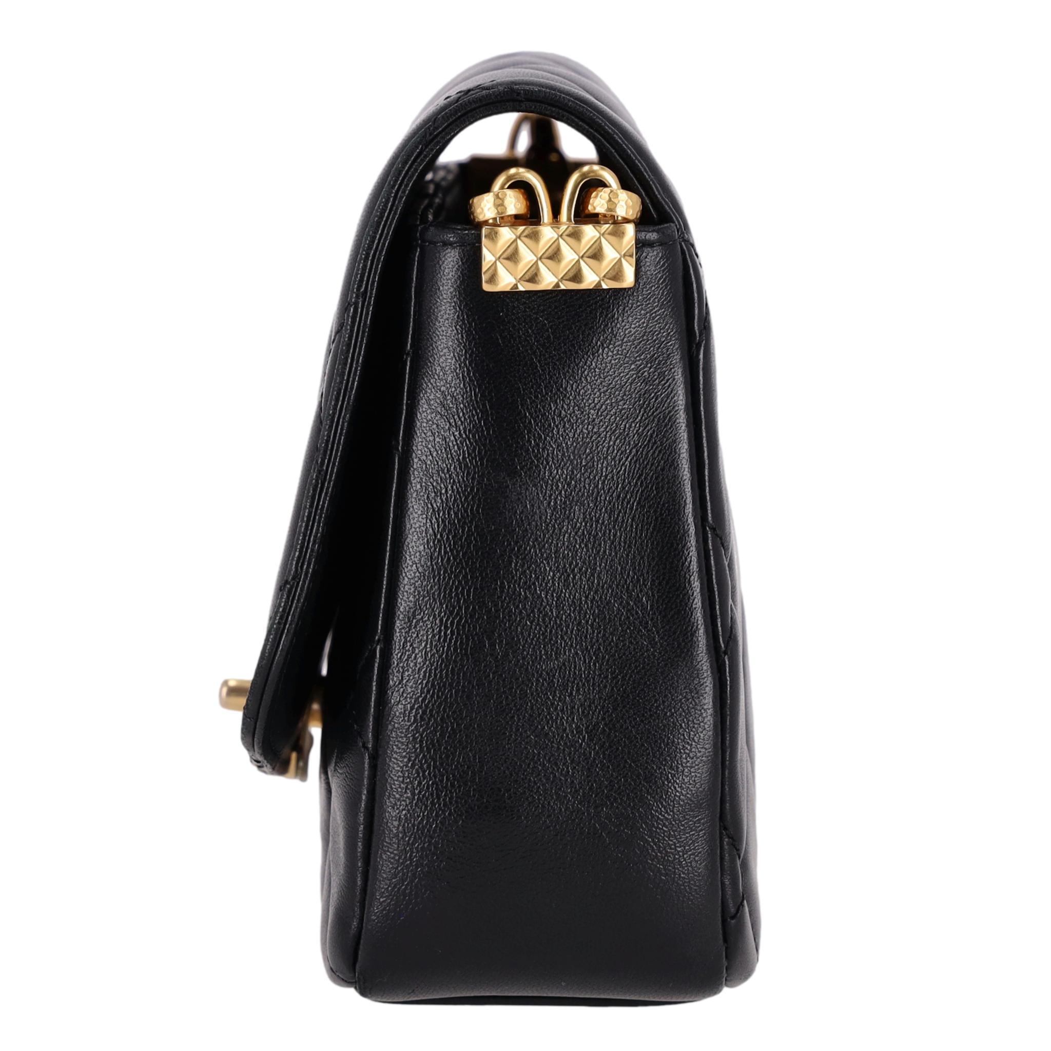 Black Chanel Quilted Lambskin Flap Bag With Coco Chanel Coin Detail