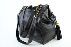 Chanel Quilted Lambskin Fringe Tassle Tote 221807 Black Leather Shoulder Bag