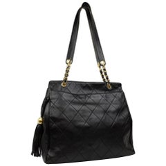 Vintage Chanel Quilted Lambskin Fringe Tassle Tote 221807 Black Leather Shoulder Bag