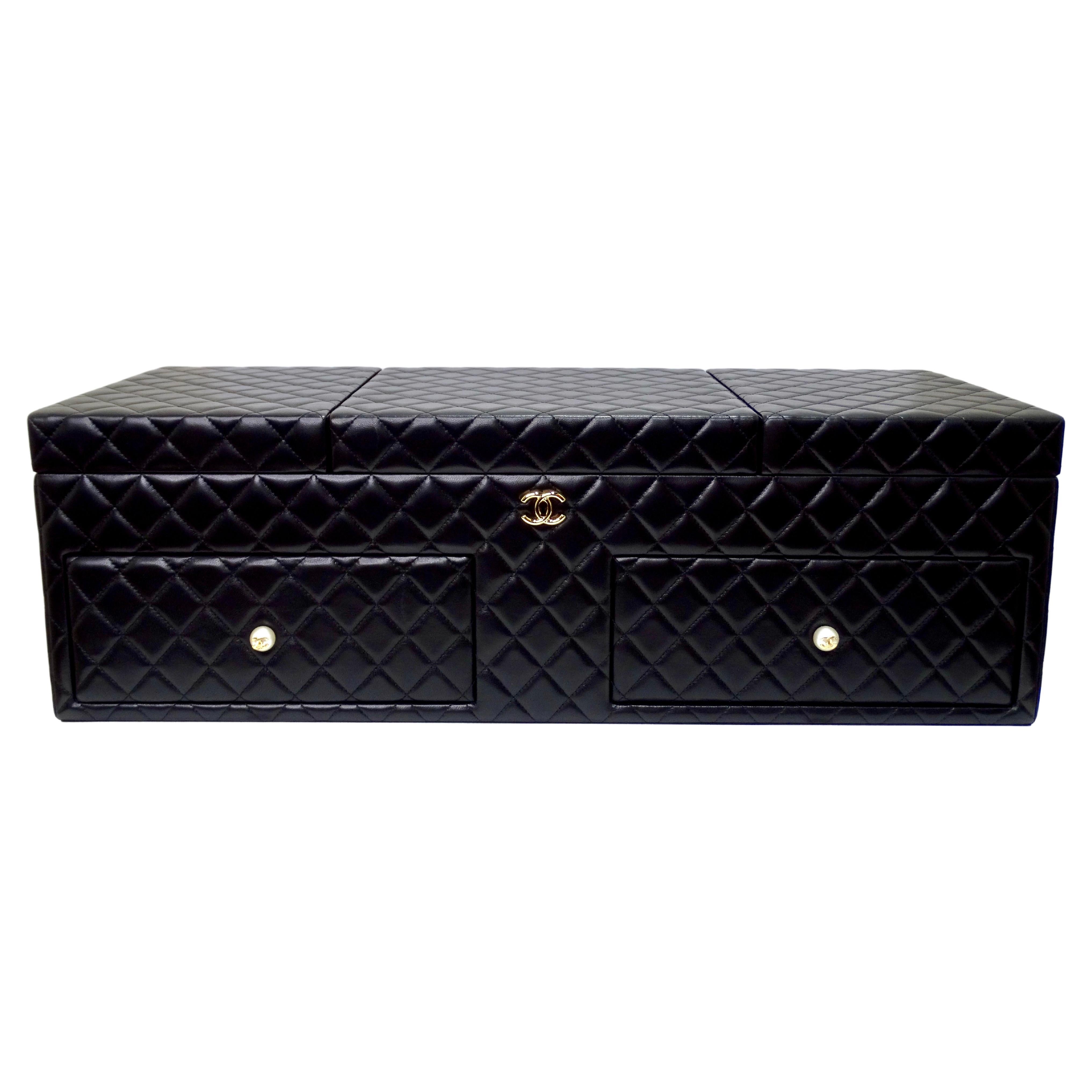 The most coveted Chanel piece you could get your hands on! Get ready in the best way with this huge Chanel jewelry box made of the best materials. This incredible piece of artwork is from a 2010 collection and is meant to hold your jewelry, makeup,