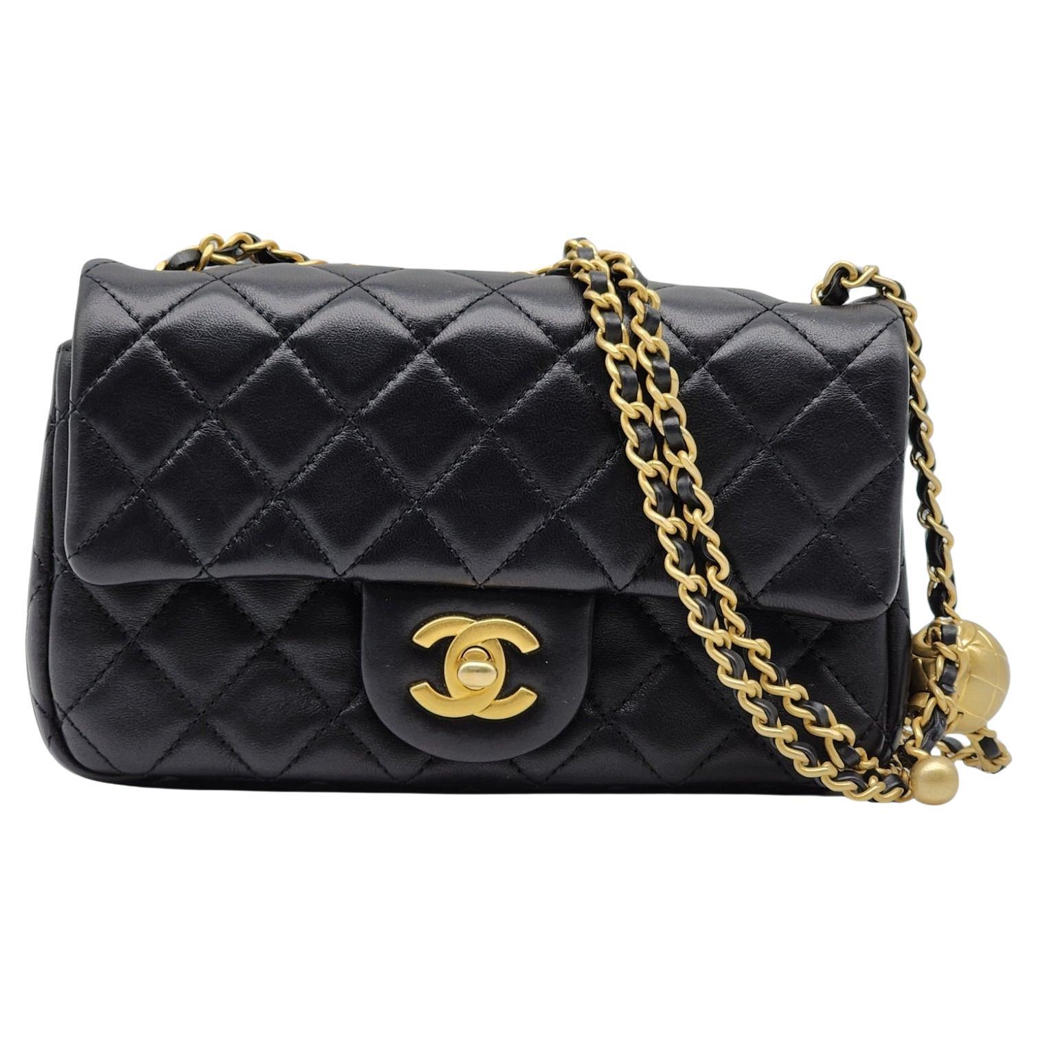 Chanel Quilted Lambskin Leather Pearl Crush Mini Flap Bag in Black For Sale
