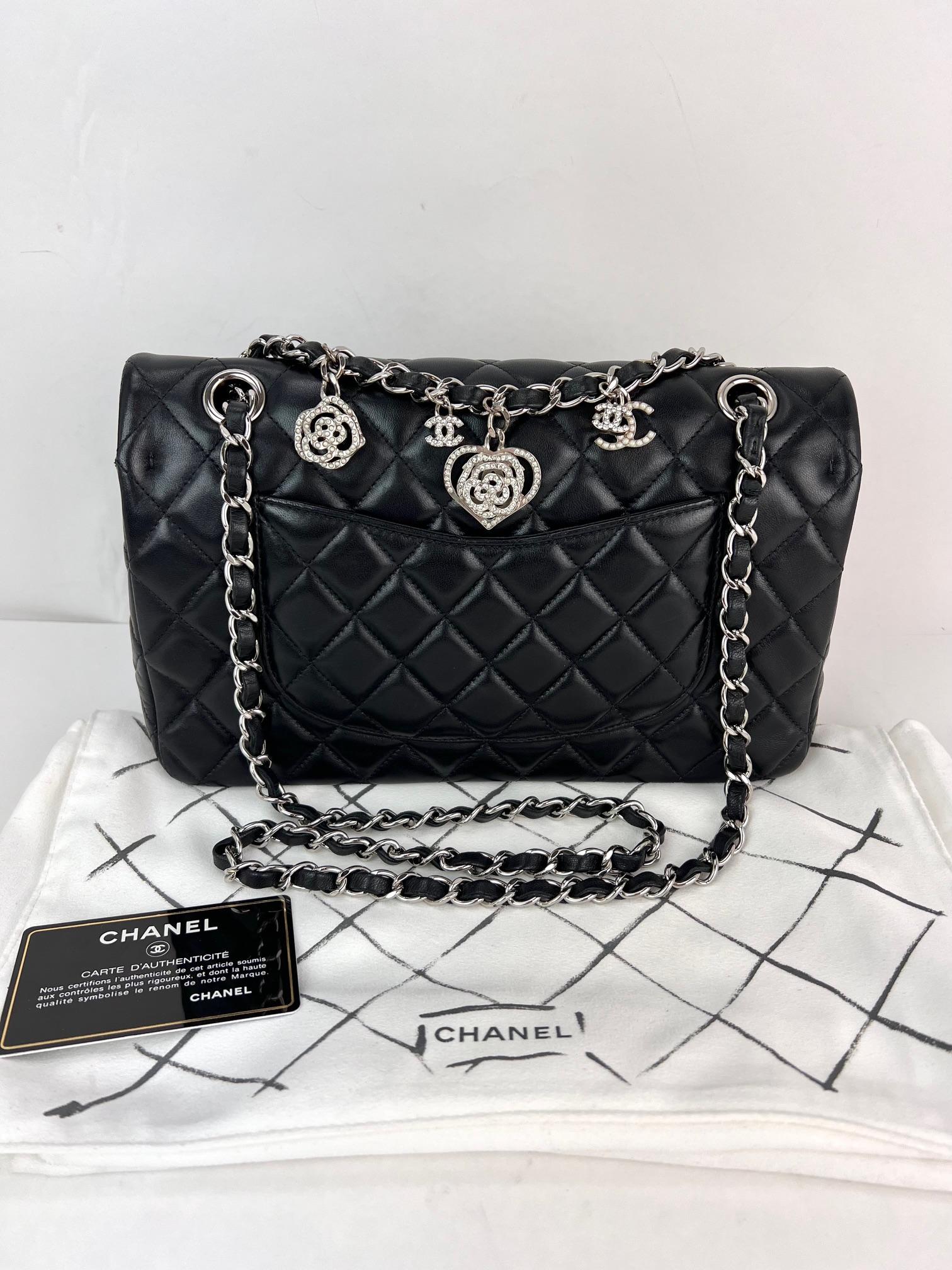 Chanel Quilted Lambskin Valentine Crystal Charms Medium Single Flap Black Bag For Sale 13