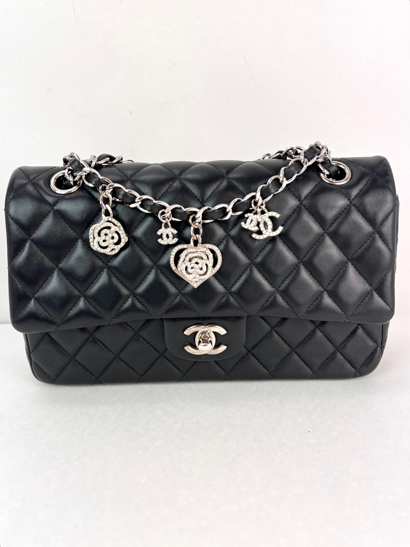 Chanel Quilted Lambskin Valentine Crystal Charms Medium Single Flap Black Bag For Sale 2
