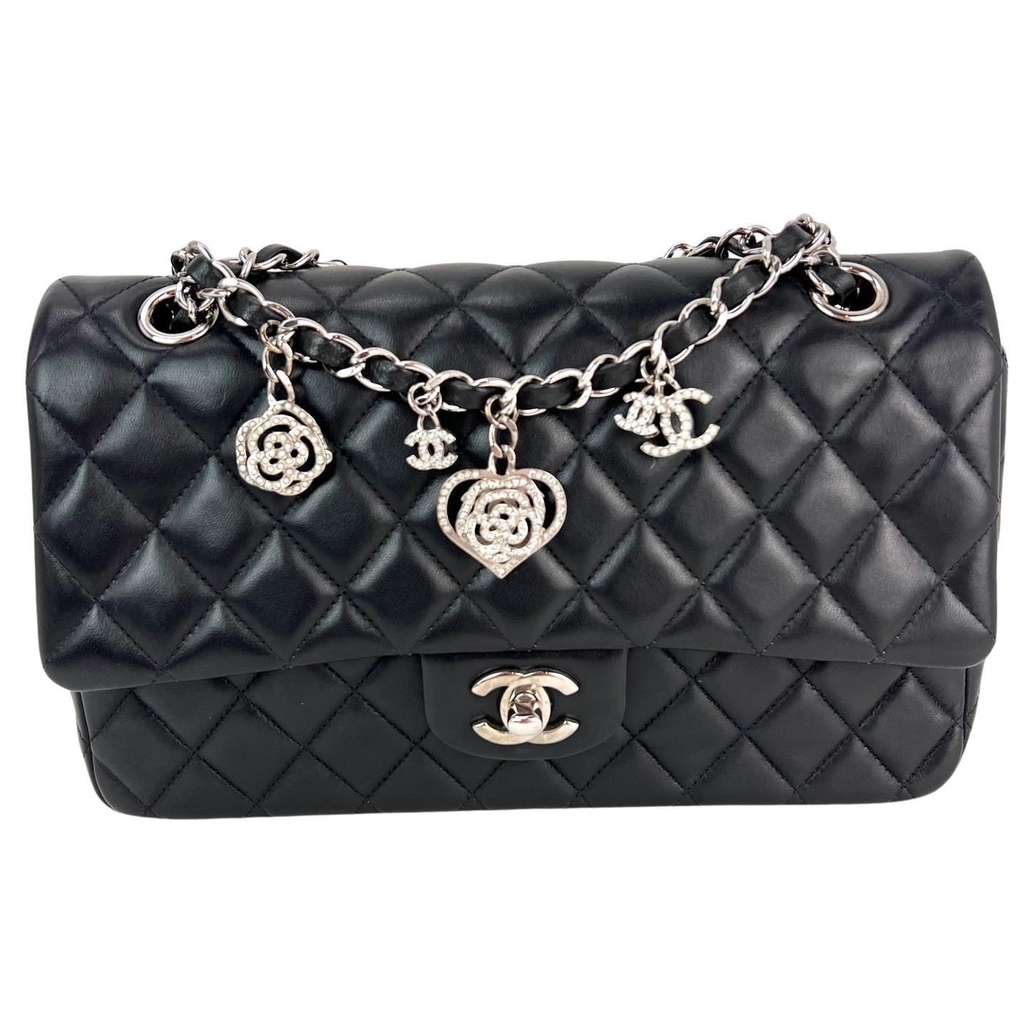 Chanel Quilted Lambskin Valentine Crystal Charms Medium Single Flap Black Bag For Sale