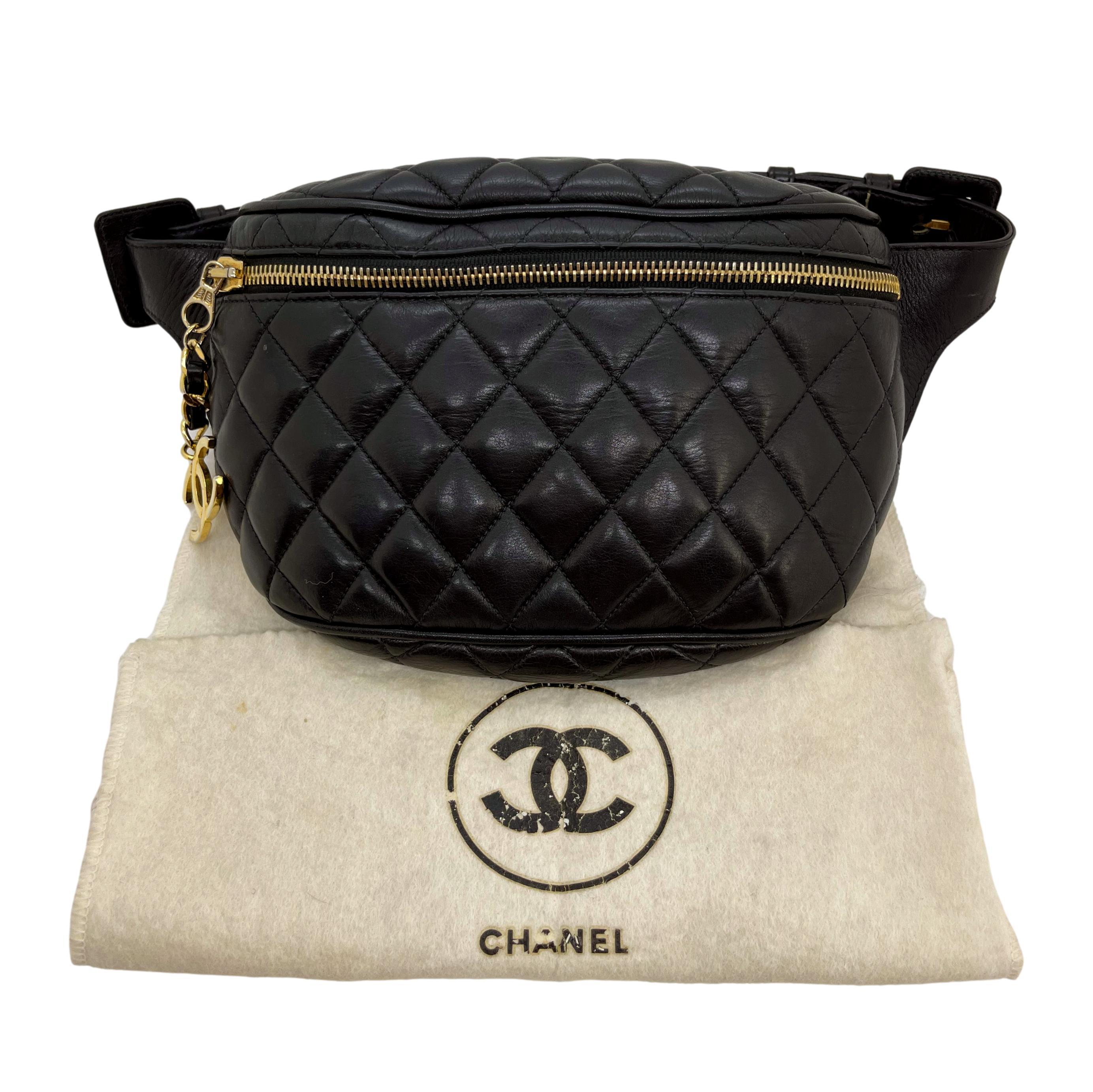 Black Chanel Quilted Lambskin Waist Belt Bum Bag with Gold Hardware, 1985.
