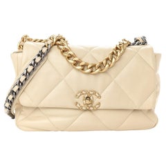 Chanel Quilted Large 19 Flap Beige Lambskin Leather Cross Body Bag