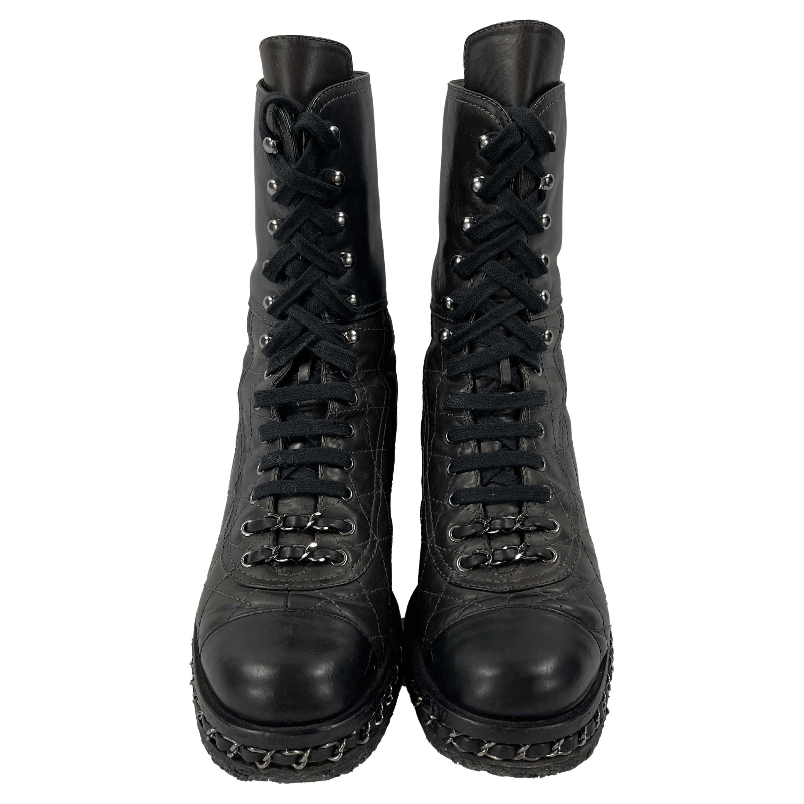 CHANEL Quilted Leather Chain CC Combat Boots 37.5 US 7.5