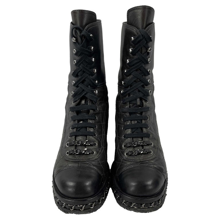 CHANEL, Shoes, New Chanel Black Shiny Calfskin Velvet Pearl Combat Boots  Size 4