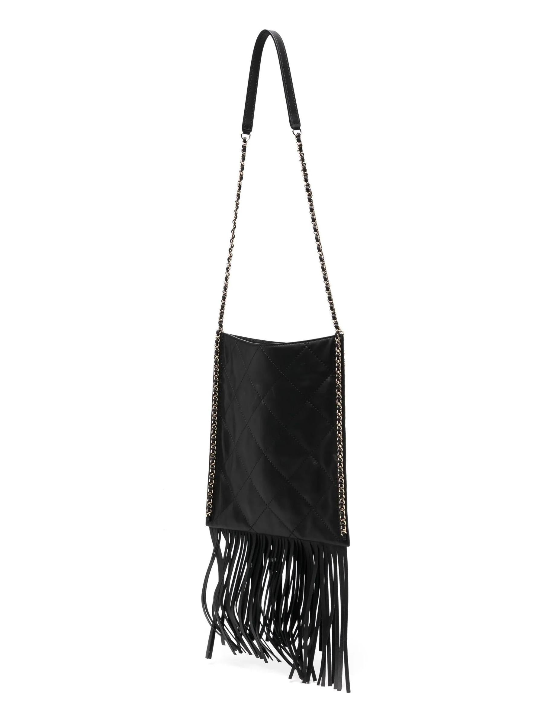 Black Chanel Quilted Leather Fringe Shopping Bag Small For Sale