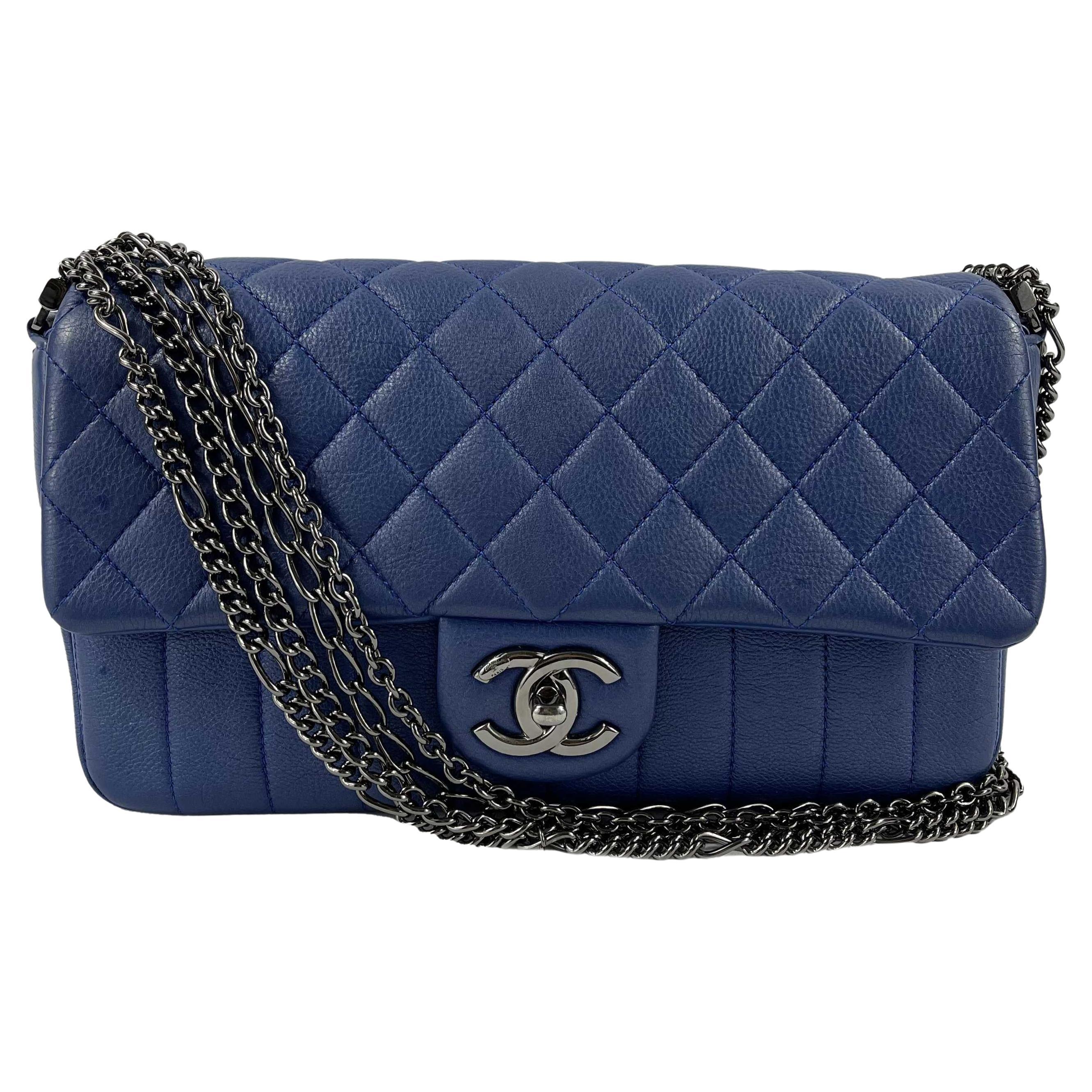 CHANEL Quilted Leather Medium Single Flap Blue / Ruthenium Shoulder Bag For  Sale at 1stDibs