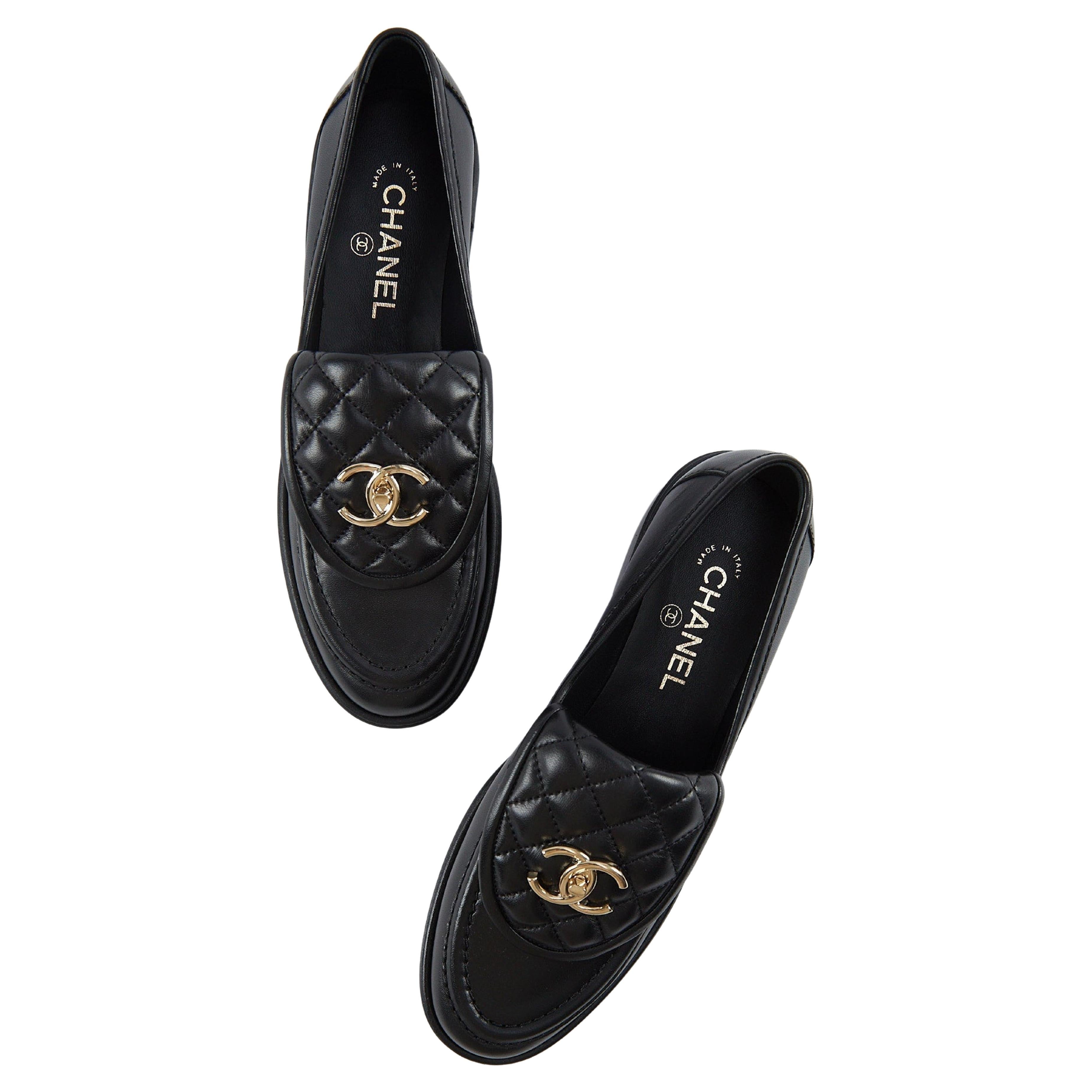 CHANEL QUILTED LOAFERS Black with Champagne Hardware - Size 38.5 For Sale  at 1stDibs