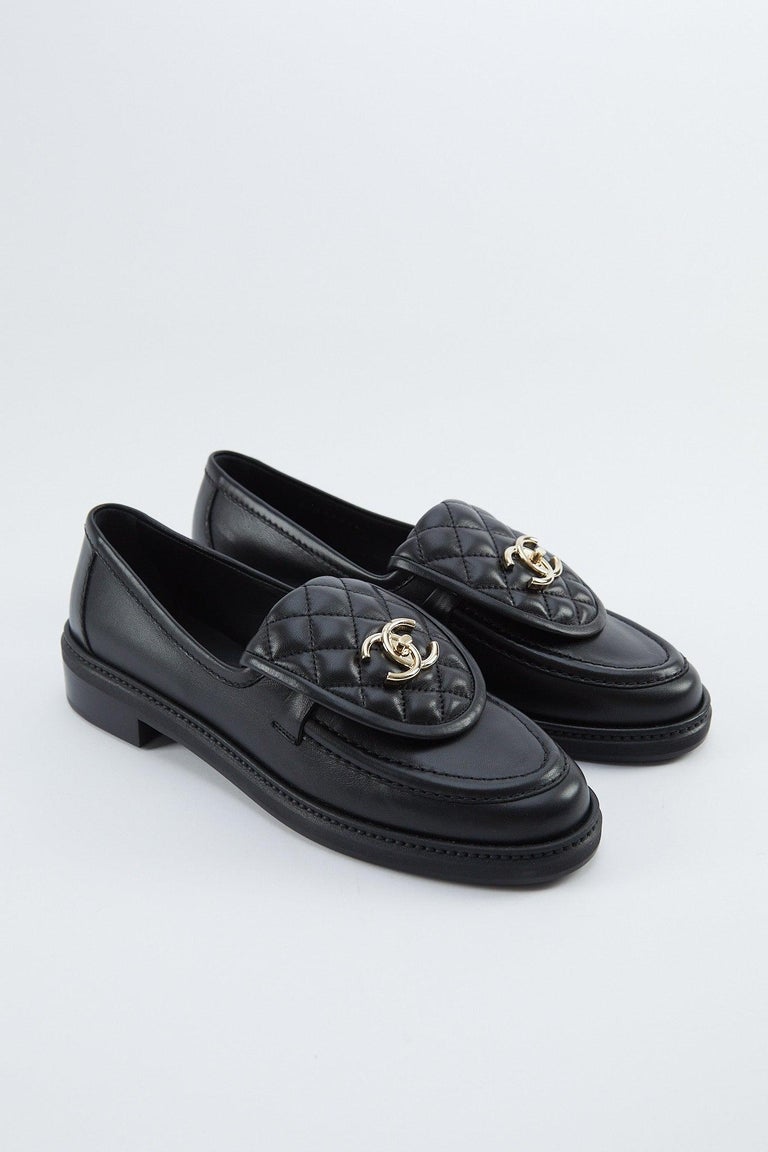CHANEL QUILTED LOAFERS Black with Champagne Hardware - Size 41.5 For Sale  at 1stDibs