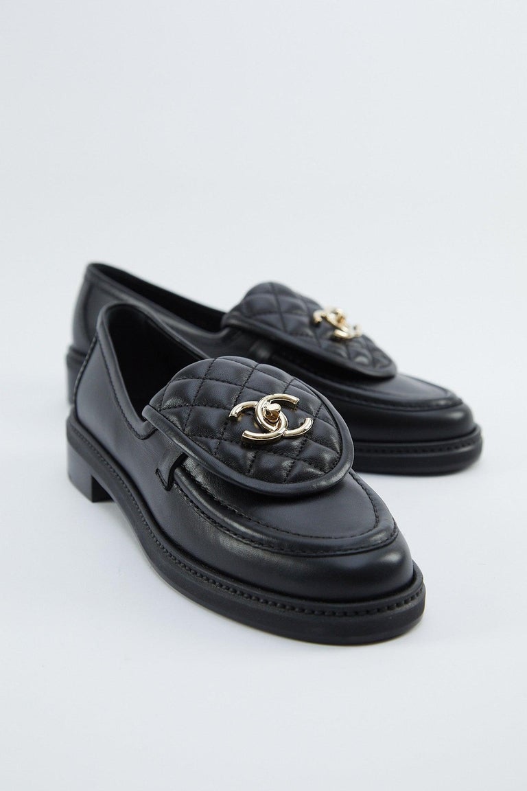 CHANEL QUILTED LOAFERS Black with Champagne Hardware Size 41.5 For