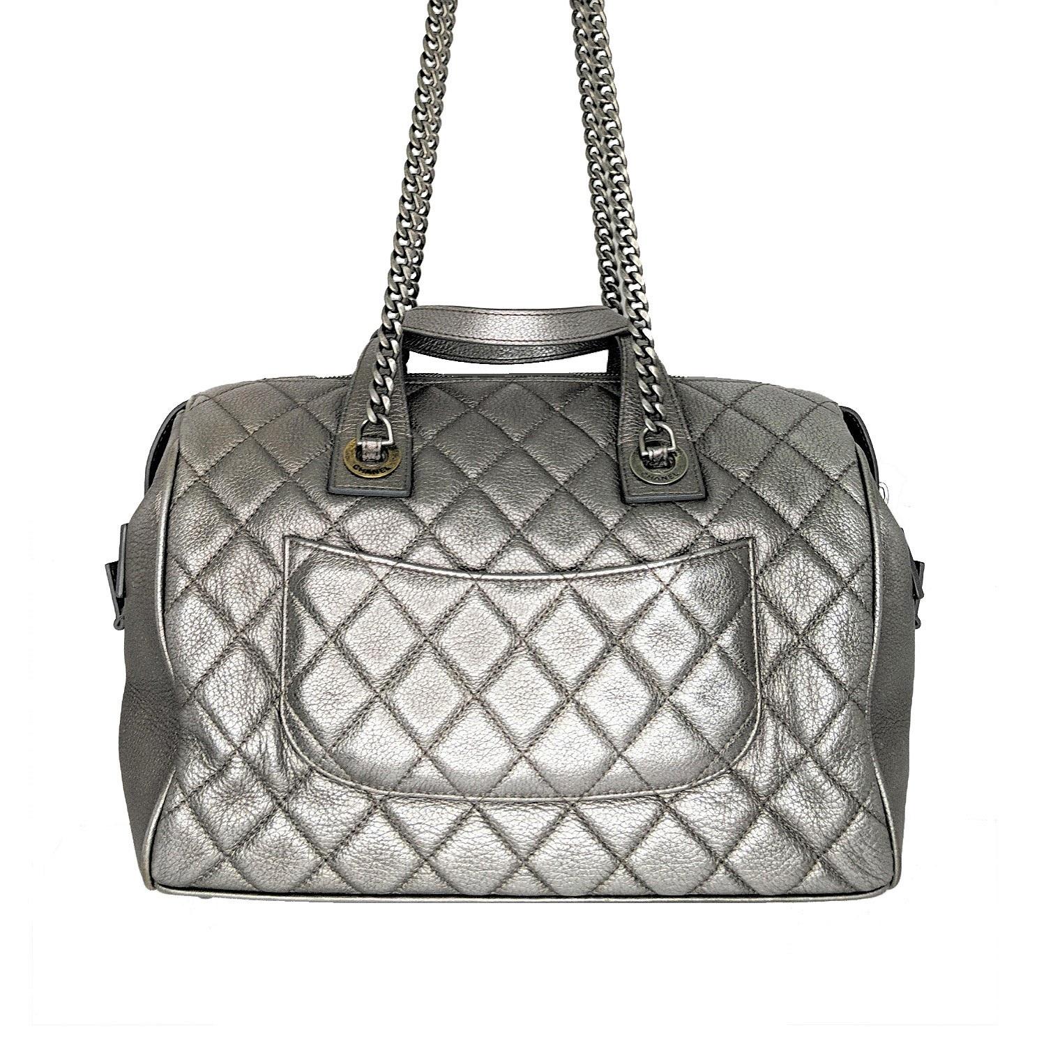 Chanel Quilted Metallic Silver Bowling Bag with Front Pocket at 1stDibs |  bowling bags for sale, bowling bags