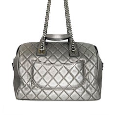 Chanel Quilted Metallic Silver Bowling Bag with Front Pocket