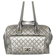 Chanel Quilted Metallic Silver Bowling Bag with Front Pocket