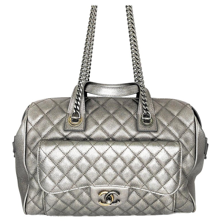 Chanel Quilted Metallic Silver Bowling Bag with Front Pocket at