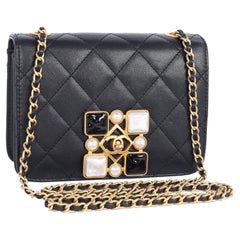 Chanel Gesteppte Onyx Perlen Klappe Umhängetasche Schwarz