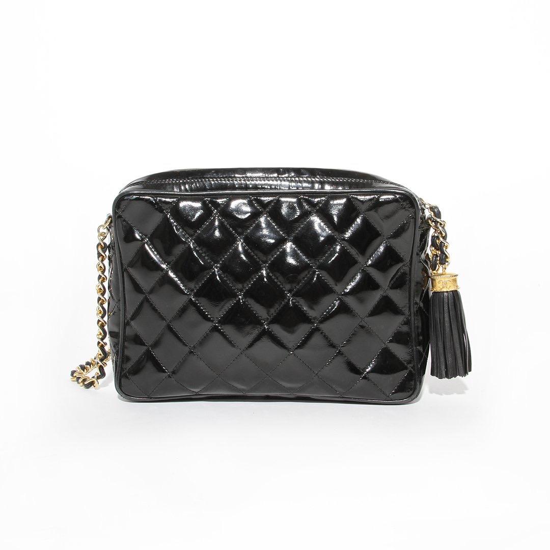 Black Chanel Quilted Patent Reporter Handbag