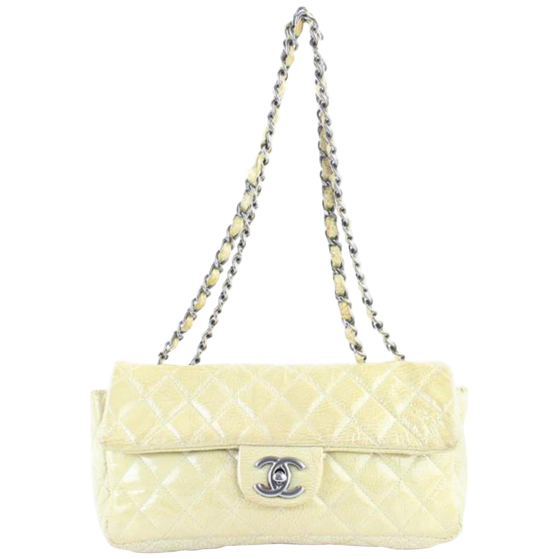 Chanel Quilted Patent Single Flap 220562 Ivory Leather Shoulder Bag For Sale