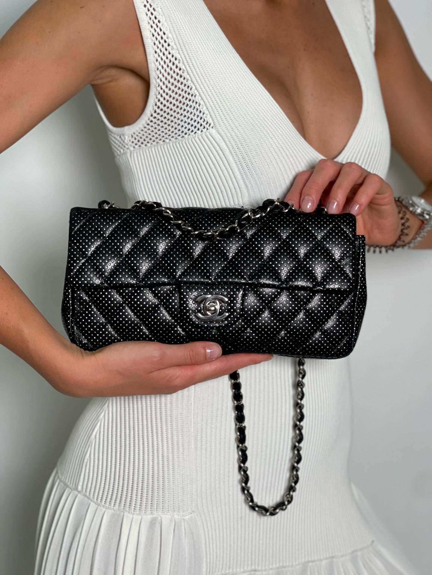 Chanel Quilted Perforated Black Lambskin East West Flap Shoulder Bag 6