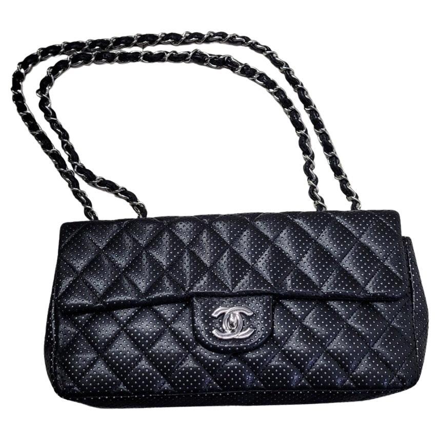 Chanel Quilted Perforated Black Lambskin East West Flap Shoulder Bag
