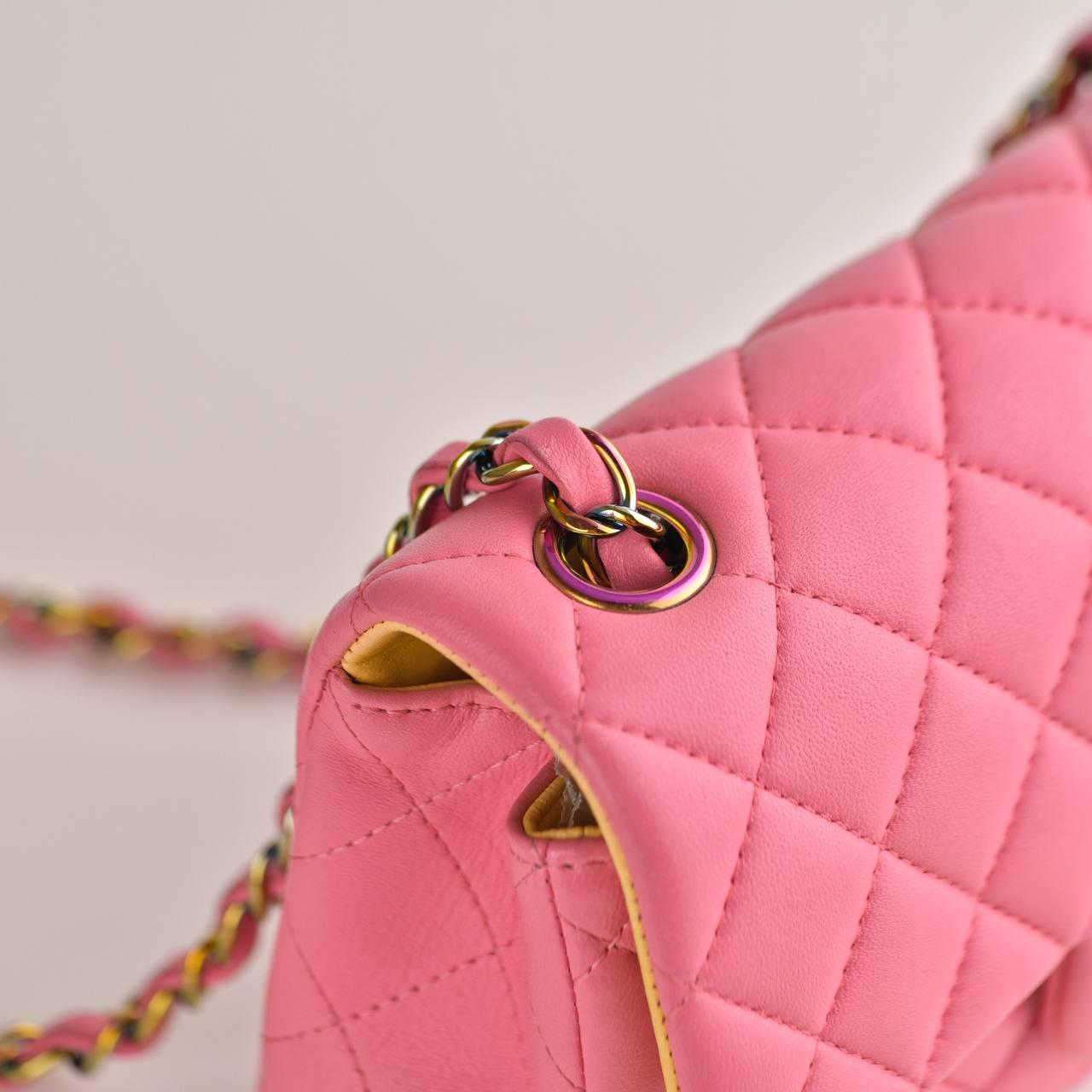 Chanel Quilted Pink Lambskin Single Flap Mini Bag For Sale 8